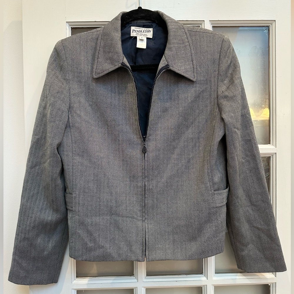 Vintage Pendleton 100% Wool Zip Up Charcoal Gray Tweed Herringbone Jacket Size 6 - Picture 2 of 11